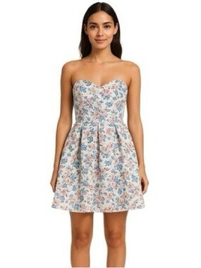Sans Souci Strapless Floral Sweetheart Dress in Blue and Pink